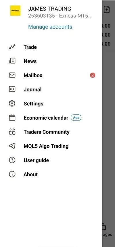 MT5 app menu on an Exness account