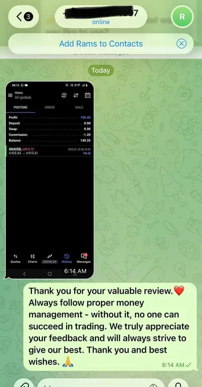 Rams — Gold sell result shared on Telegram, 20 July