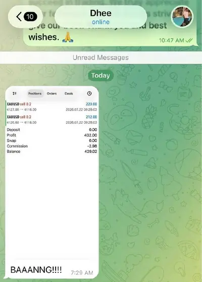 Dhee — Gold sell result shared on Telegram, 22 July